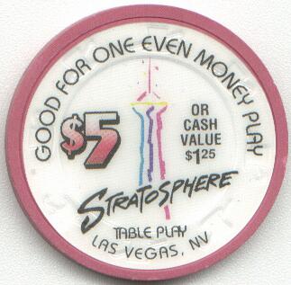 Stratosphere Casino Even Money Play $5 Casino Chip