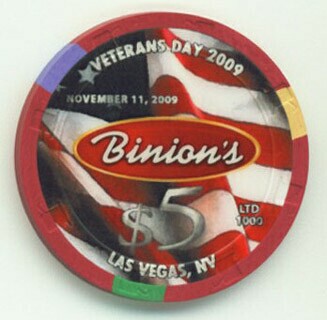 Las Vegas Binion's Hotel Veteran's Day 2009 $5 Casino Chip